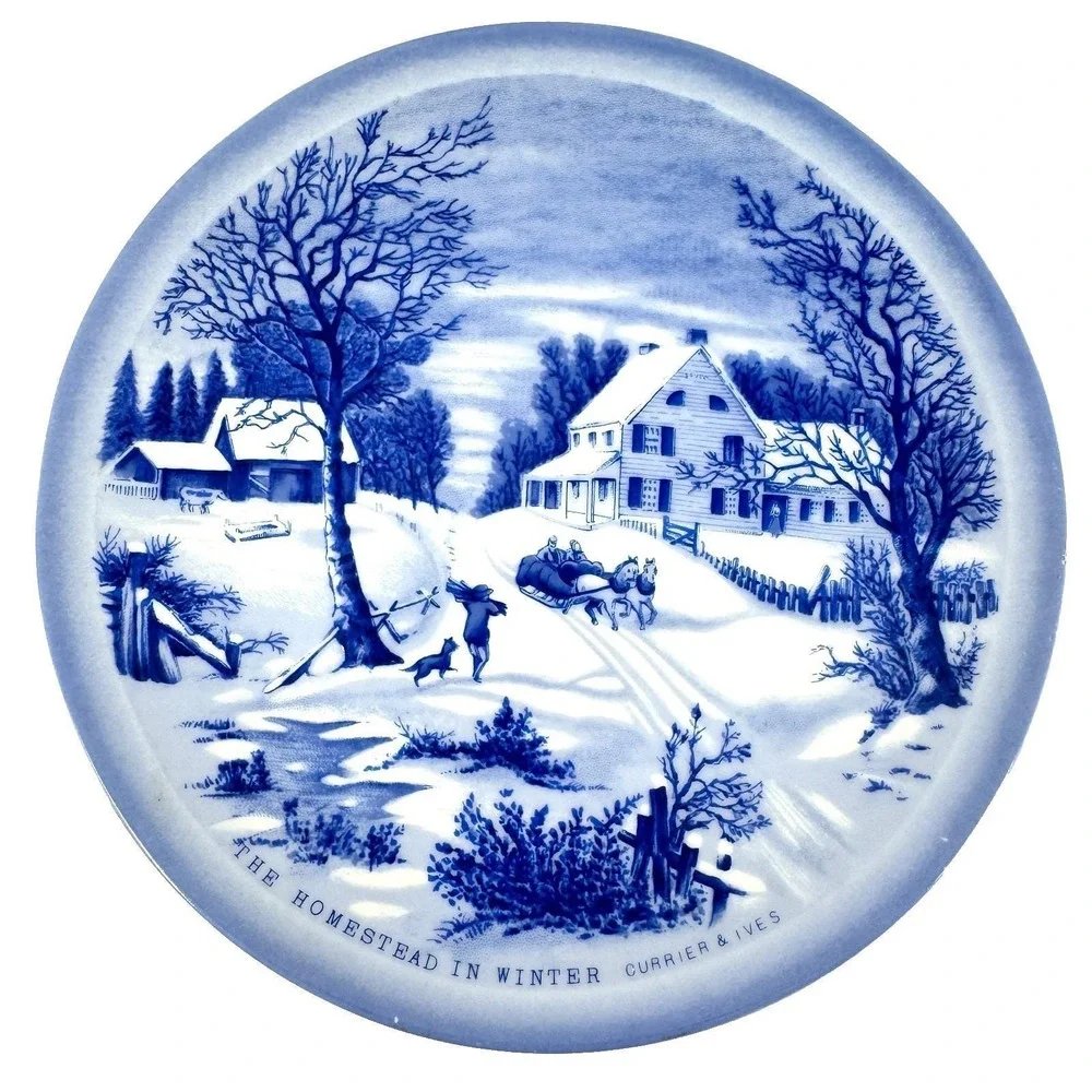 Vintage Sanyei Japan Currier & Ives Old Homestead in‎ Winter Plates Set of 2